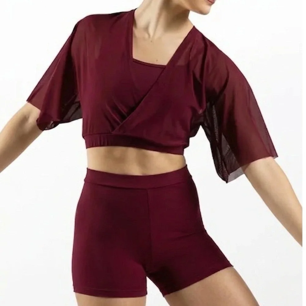 Balera Dancewear Kids Black Cherry Flutter Sleeve Crop Top and Shorts Set CS